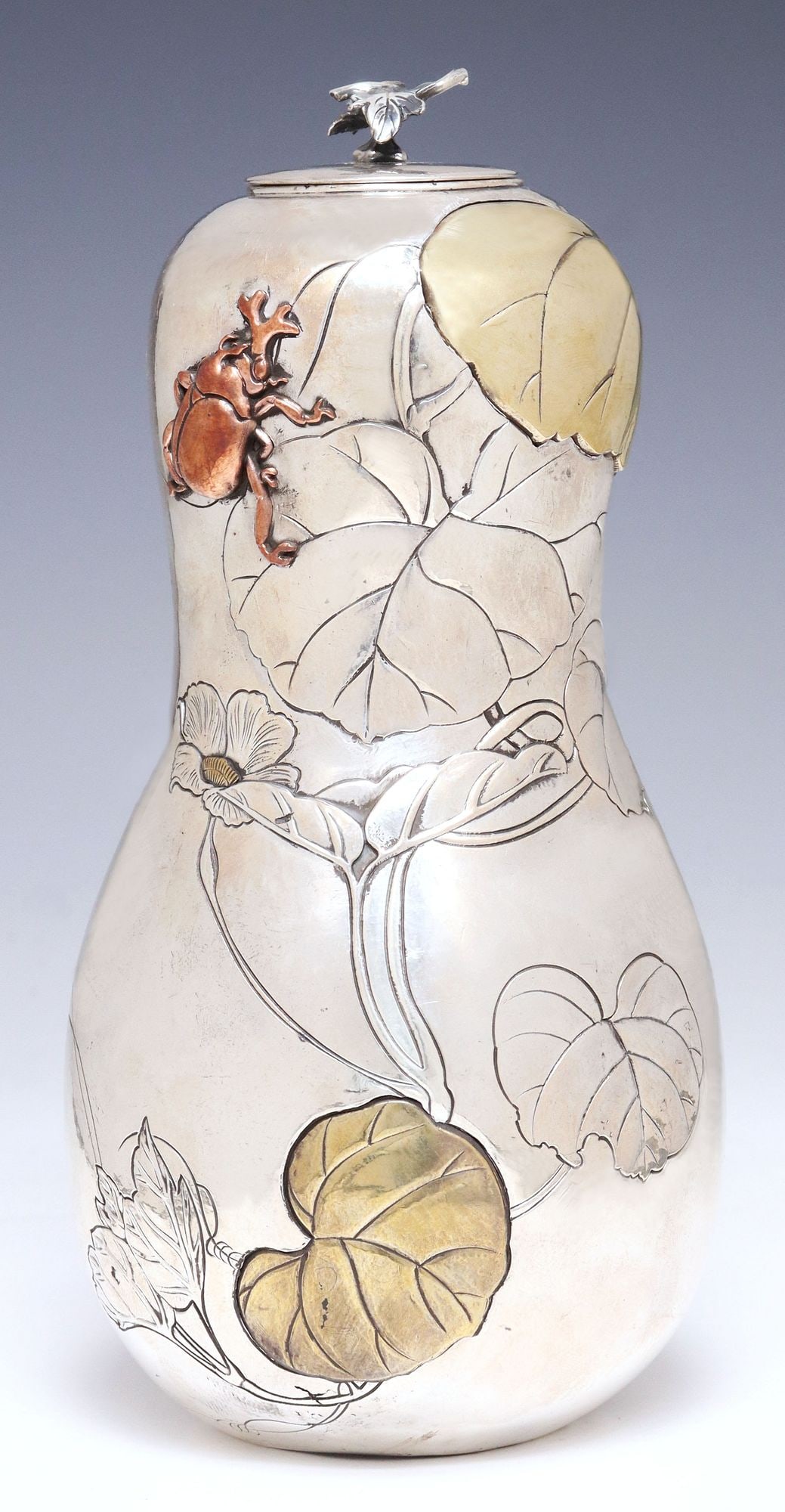 JAPANESE SILVER & MIXED-METAL DOUBLE GOURD VASE & COVER (1 of 9)