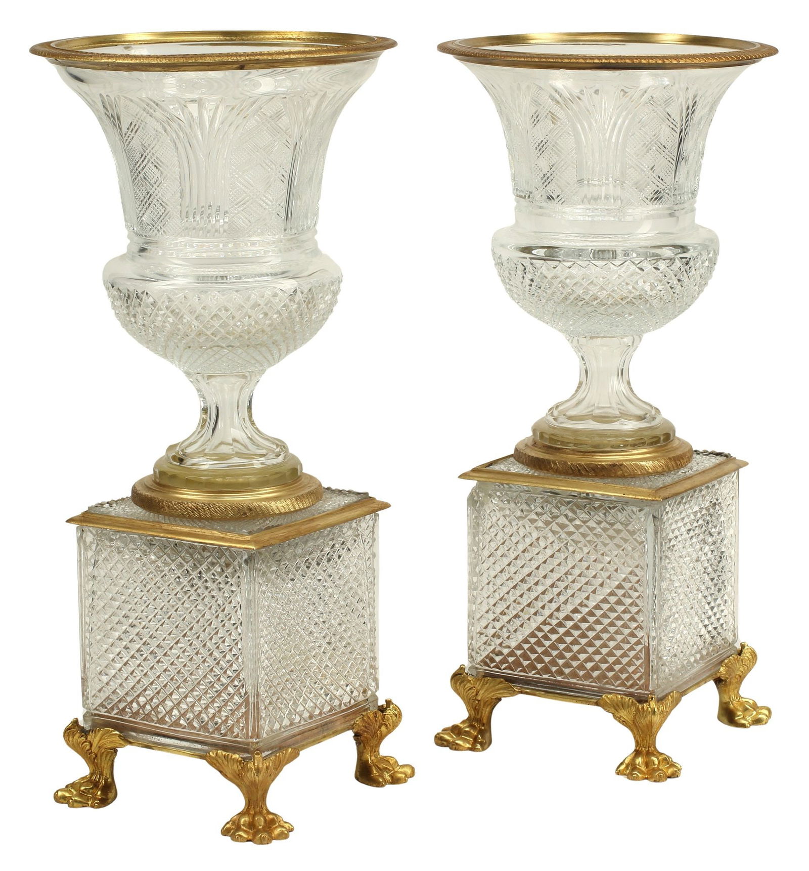 (2) LARGE ORMOLU-MOUNTED CUT-GLASS CAMPANA VASES (1 of 4)