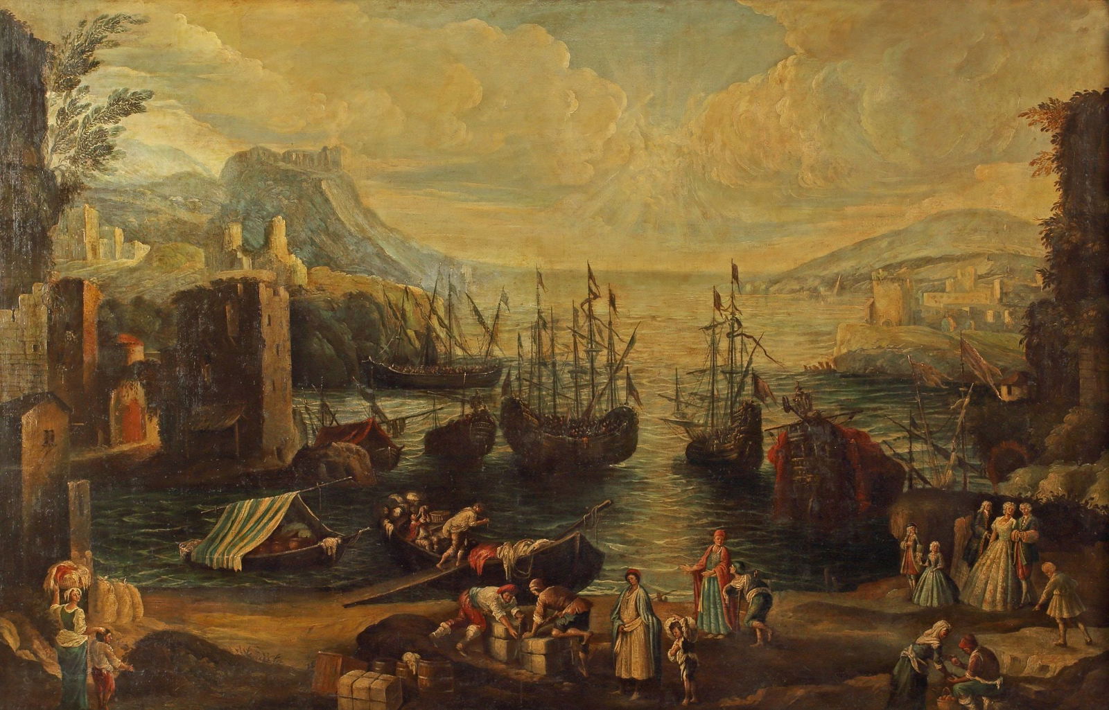 LARGE FRAMED ITALIAN SCHOOL PAINTING, CAPRICCIO OF A HARBOR, 61.5" X 94.5" (1 of 6)