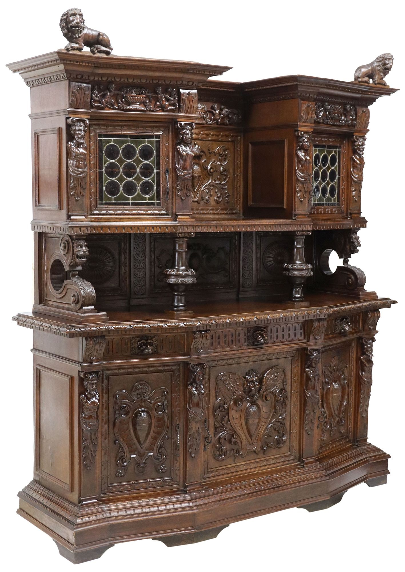ITALIAN RENAISSANCE REVIVAL CARVED WALNUT & STAINED GLASS SIDEBOARD (1 of 9)