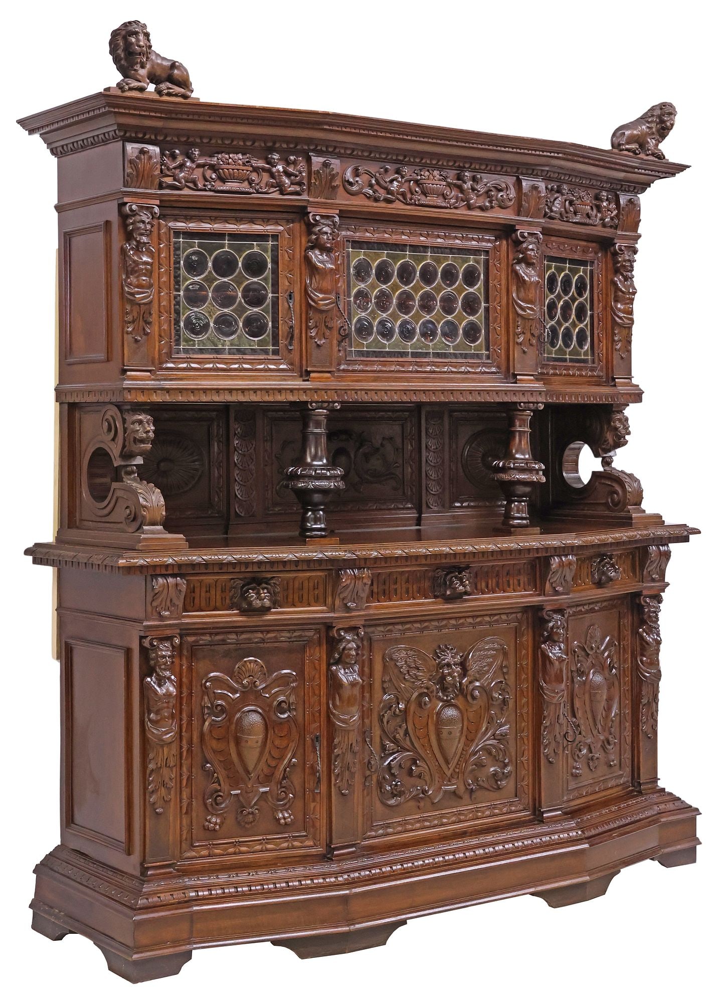 ITALIAN RENAISSANCE REVIVAL CARVED WALNUT & STAINED GLASS SIDEBOARD (1 of 9)