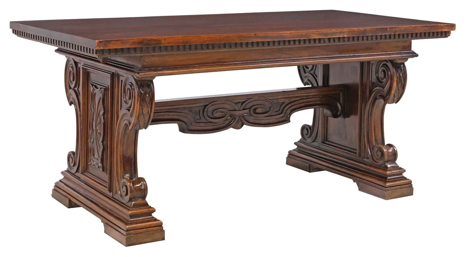 ITALIAN RENAISSANCE REVIVAL CARVED MAHOGANY TRESTLE DINING TABLE (1 of 5)