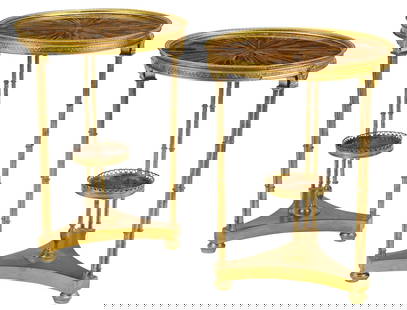 (2) NEOCLASSICAL STYLE TIGER'S EYE GEMSTONE INLAID ORMOLU GUERIDONS: (pair) Neoclassical style bronze dore gueridons, after the model by Adam Weisweiler (French, 1744-1820), circular top inset with tiger's eye in a radiating pattern, twin column supports above