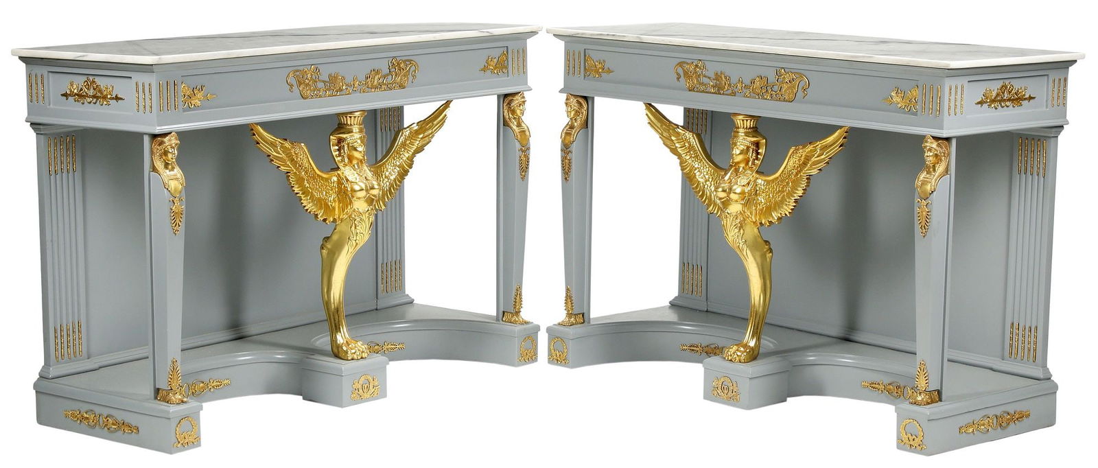 (2) EMPIRE STYLE MARBLE-TOP GREY PAINTED & PARCEL GILT CONSOLE TABLES (1 of 5)
