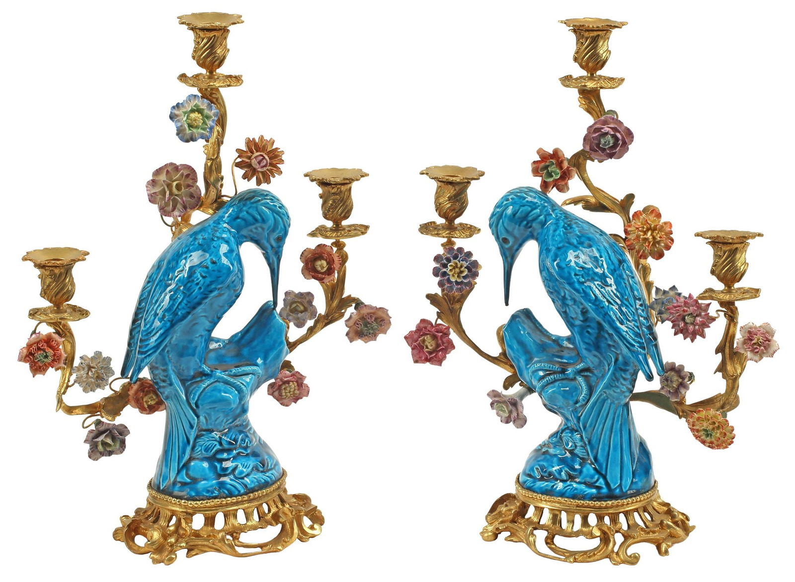 ORMOLU-MOUNTED TURQUOISE-GLAZED BIRD THREE-LIGHT CANDELABRA (1 of 5)