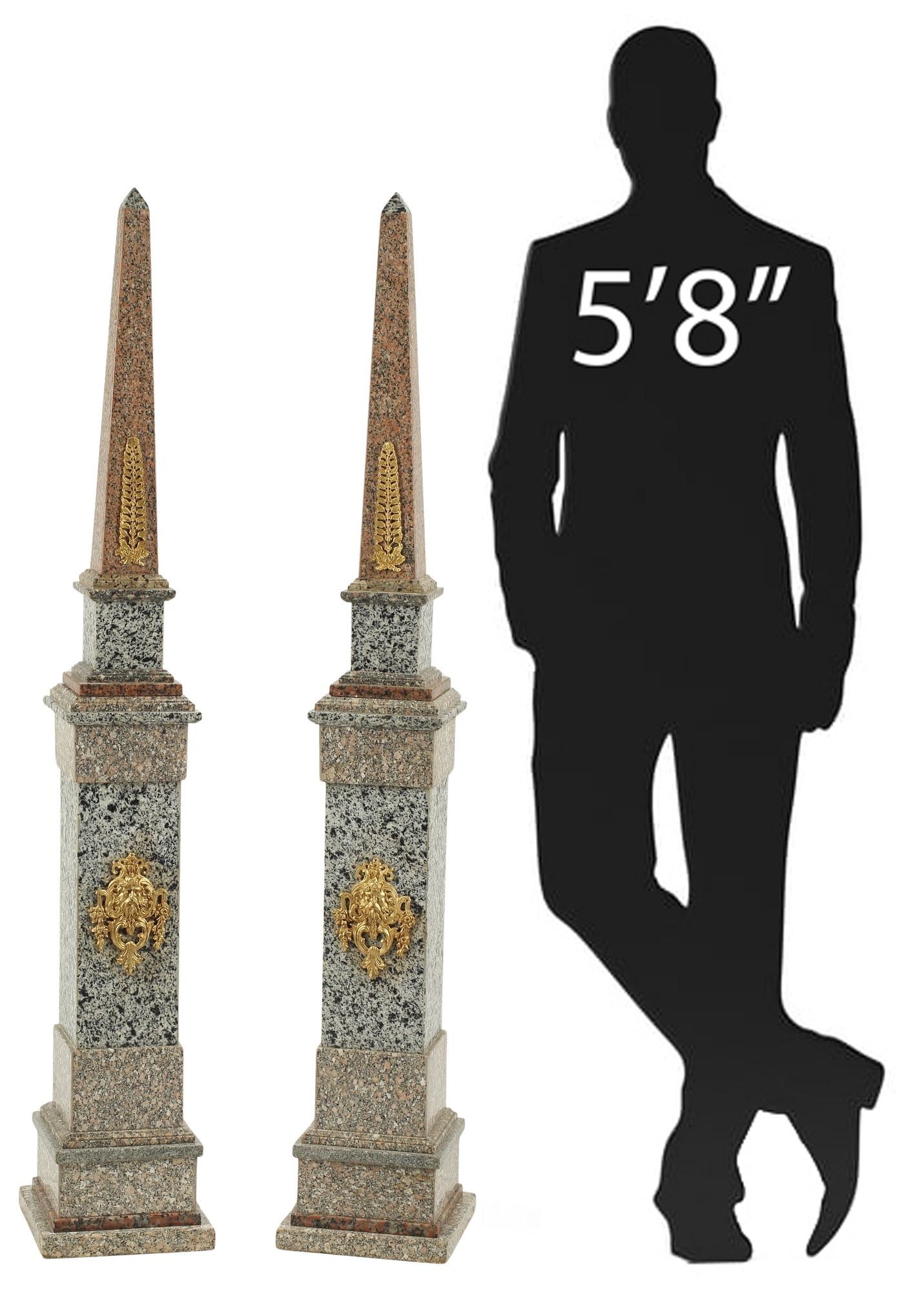 (2) LARGE GRAND TOUR STYLE ORMOLU-MOUNTED MULTICOLOR GRANITE OBELISKS, 62"H (1 of 6)