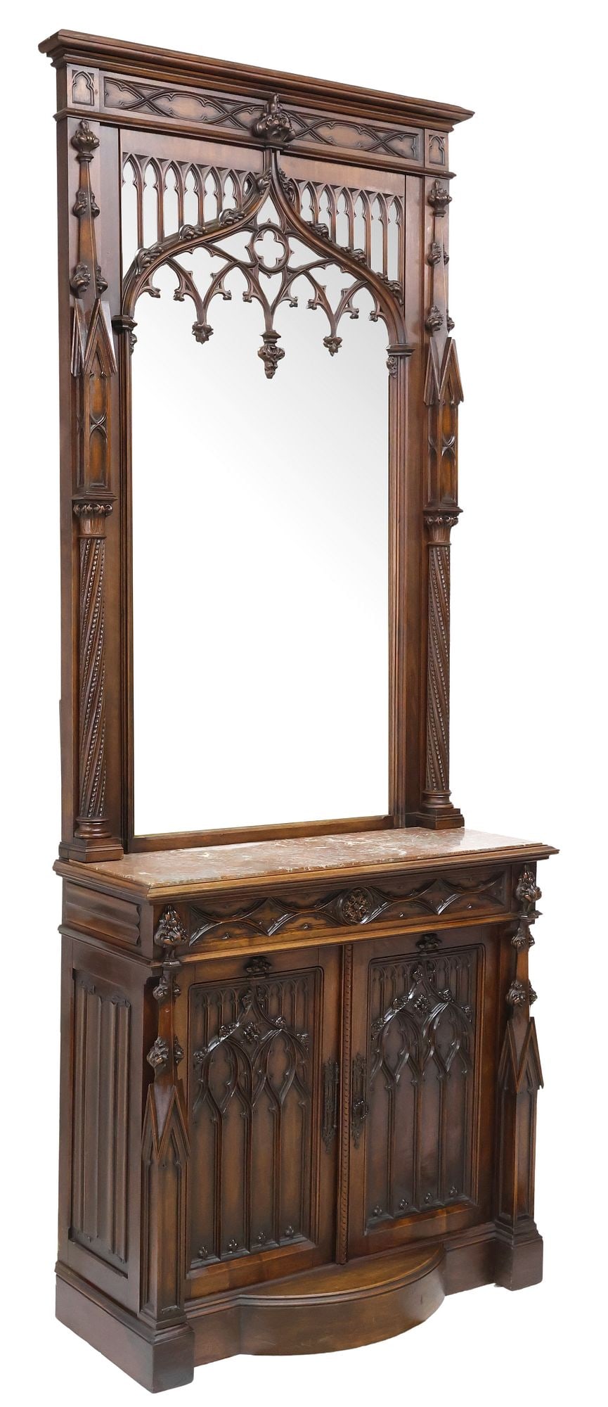 FINE FRENCH GOTHIC REVIVAL MIRRORED HALL CABINET, 106.5"H (1 of 7)