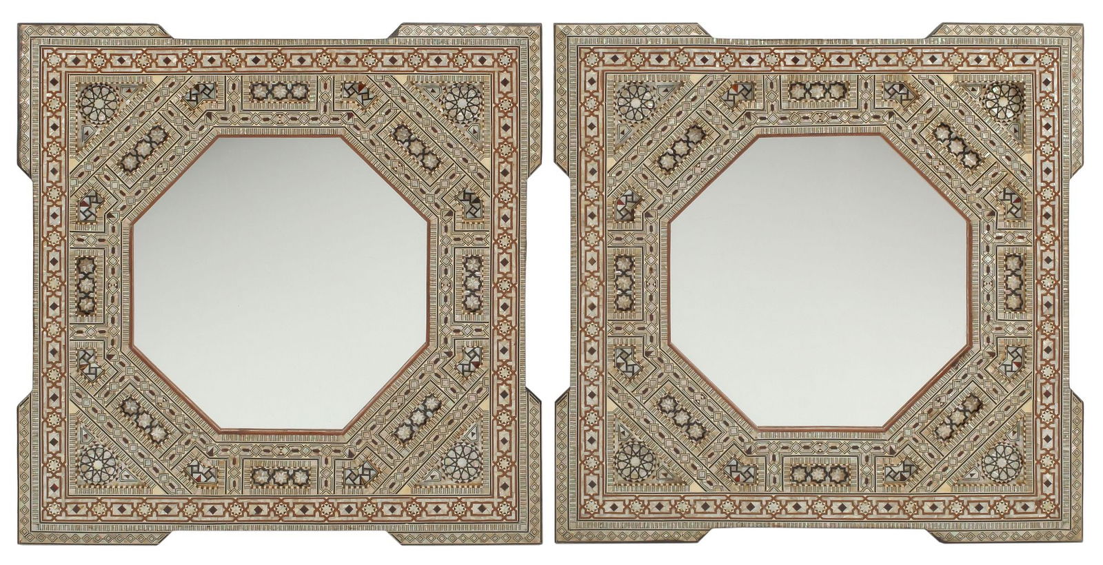 (2) MOORISH STYLE MOTHER-OF-PEARL INLAID MIRRORS, 29" X 29" (1 of 4)