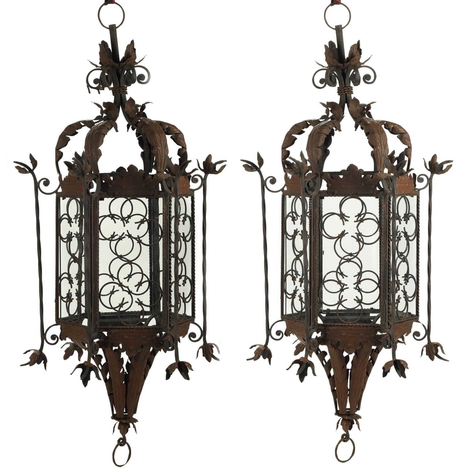 (2) MONUMENTAL FOLIATED WROUGHT IRON & TOLE HANGING LANTERNS, 69"H (1 of 7)