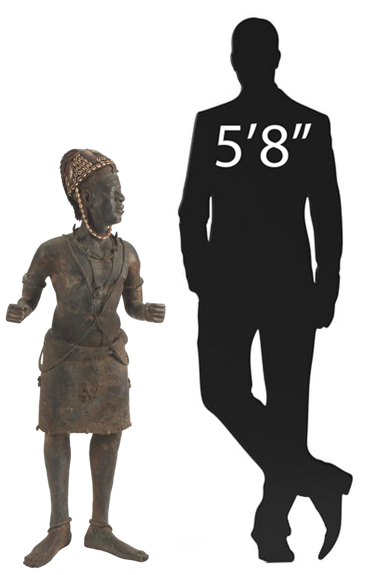 NEAR LIFE SIZE AFRICAN PATINATED BRONZE FIGURE, MAN IN COWRY SHELL HEADPIECE, 4'7" (1 of 6)