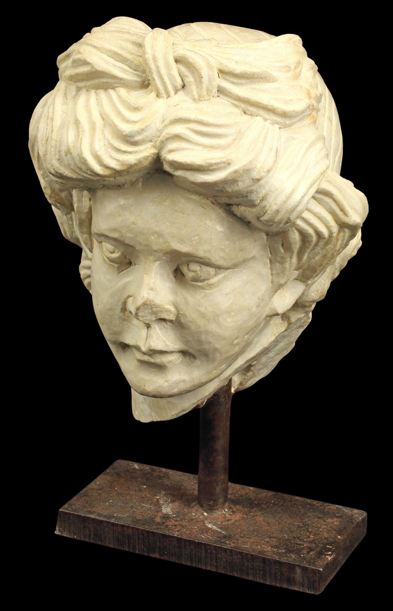 CLASSICAL STYLE CARVED MARBLE ROMAN BUST ON IRON STAND (1 of 4)