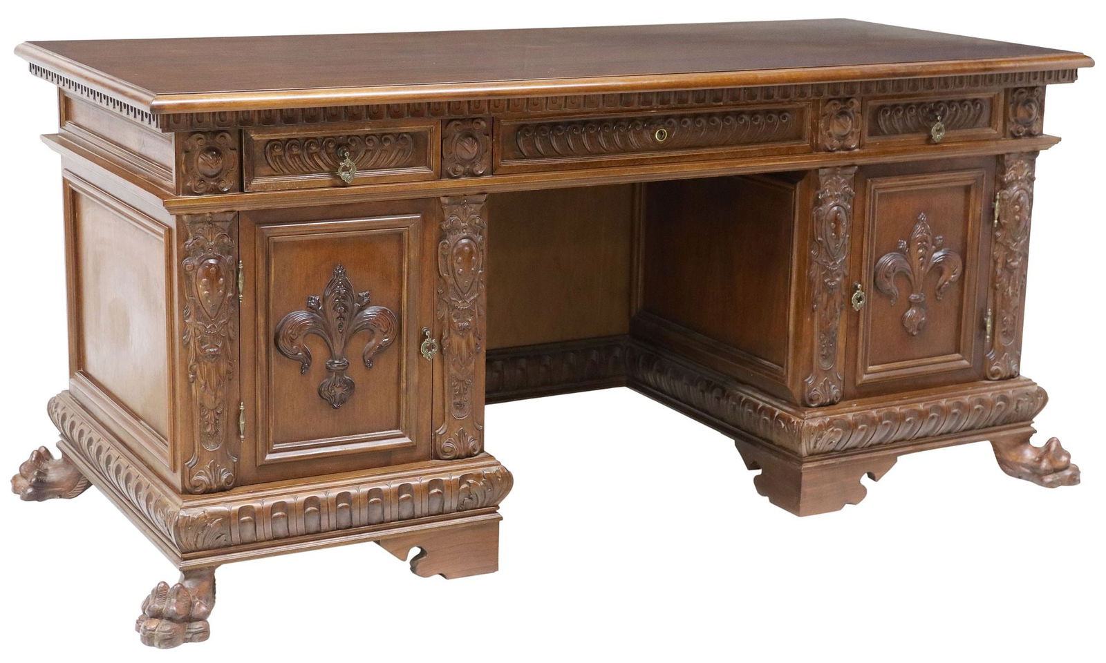 ITALIAN RENAISSANCE REVIVAL CARVED  WALNUT DESK, 70.75"W (1 of 6)