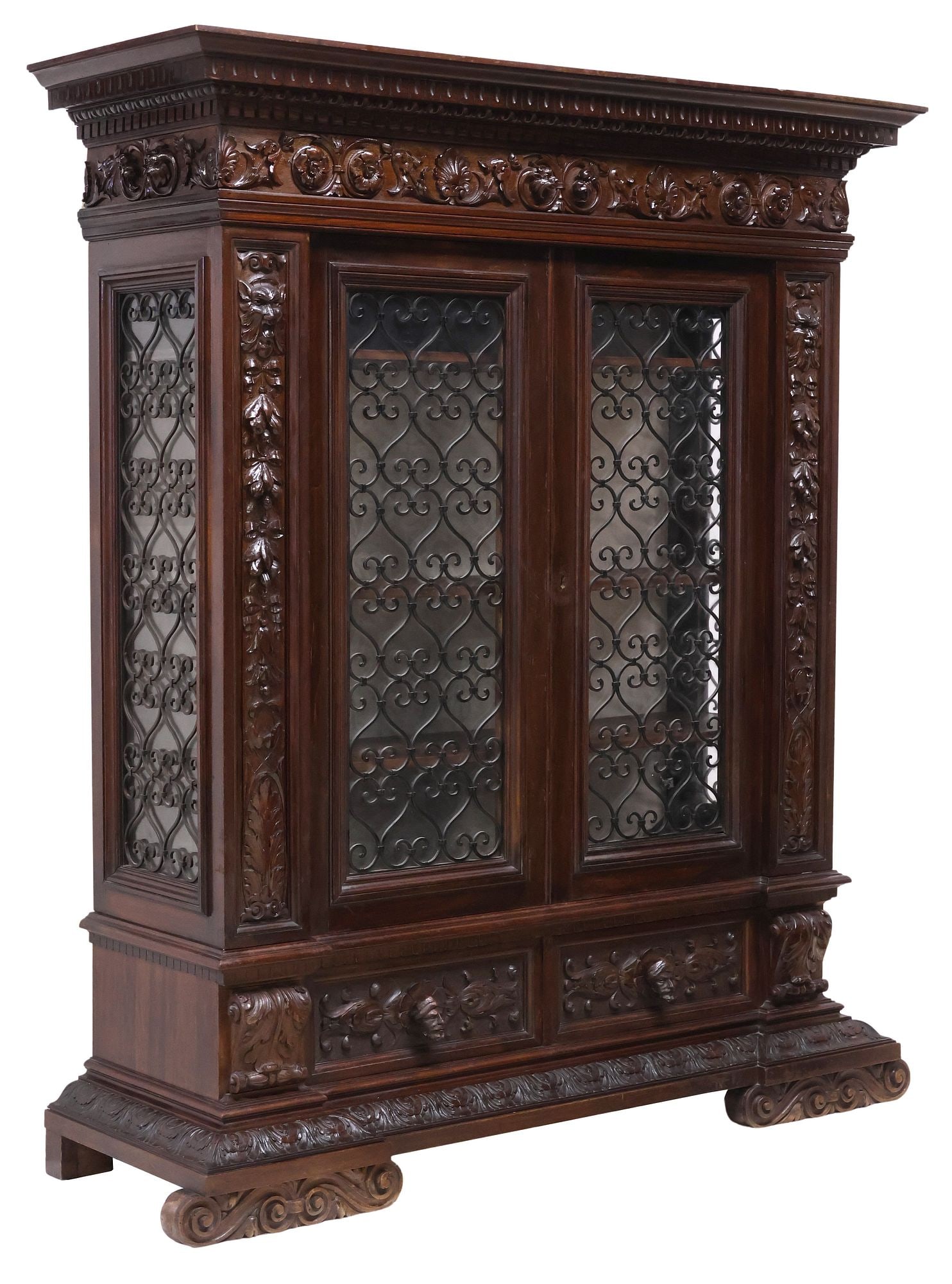 ITALIAN RENAISSANCE REVIVAL FIGURAL CARVED BOOKCASE DISPLAY CABINET (1 of 6)