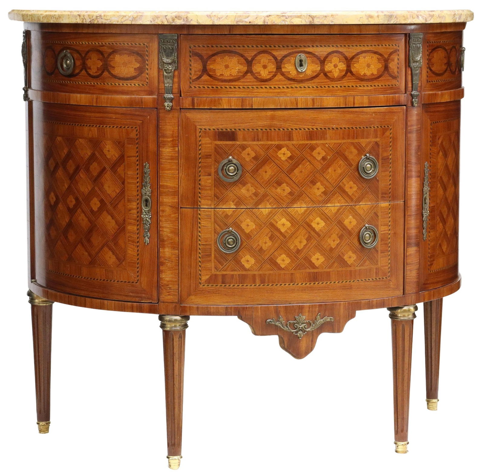 FRENCH LOUIS XVI STYLE MARBLE-TOP INLAID DEMILUNE SIDEBOARD (1 of 8)