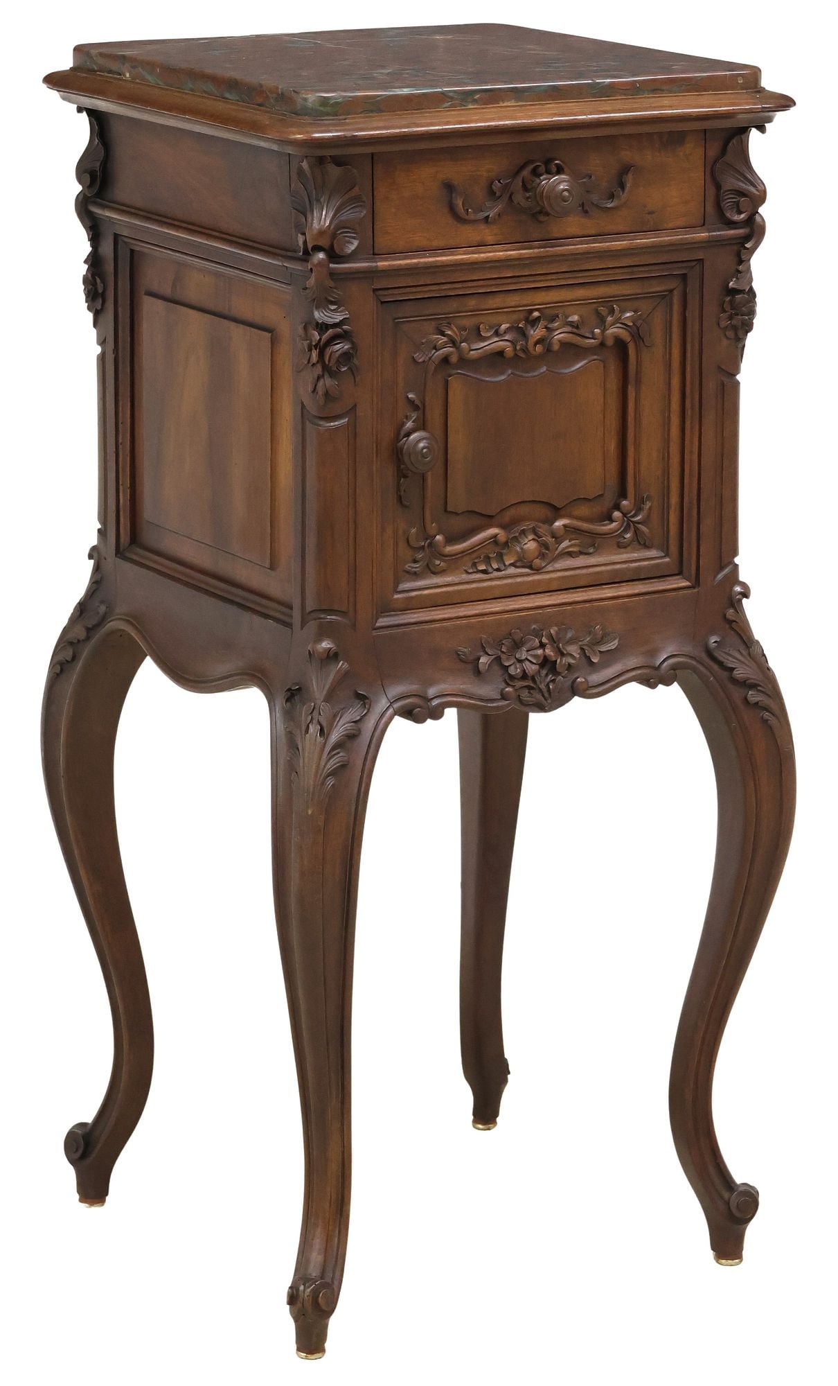 FRENCH LOUIS XV STYLE MARBLE-TOP CARVED MAHOGANY BEDSIDE CABINET (1 of 6)