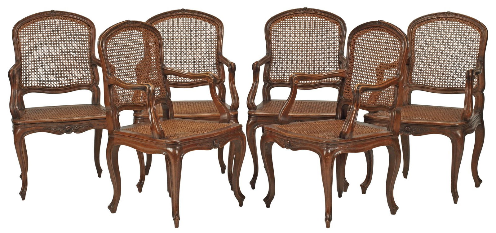 (6) FRENCH PROVINCIAL CANED BACK & SEAT ARMCHAIRS: (lot of 6) French Provincial caned armchairs, 19th c., each having caned back and seat, rising on cabriole legs, ending on splayed feet, approx 36"h, 22.5"w, 19"d, seat height: approx 1