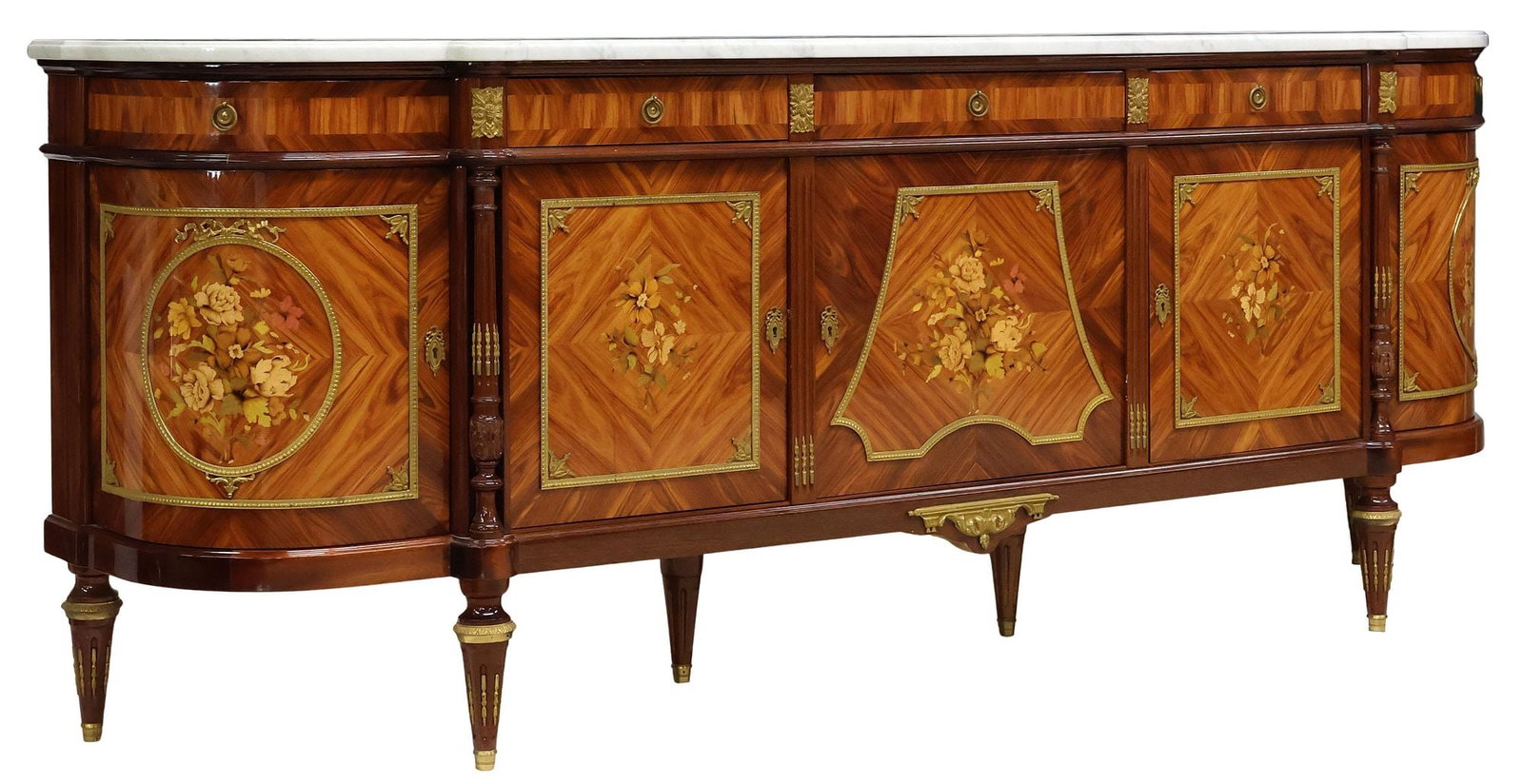 LOUIS XVI STYLE LACQUERED POLYCHROME MARQUETRY SIDEBOARD, 105"L: Louis XVI style matched veneer sideboard, 20th c., demilune marble top, over conforming case fitted with five drawers, five cabinet doors spaced by fluted posts and opening to shelved interi