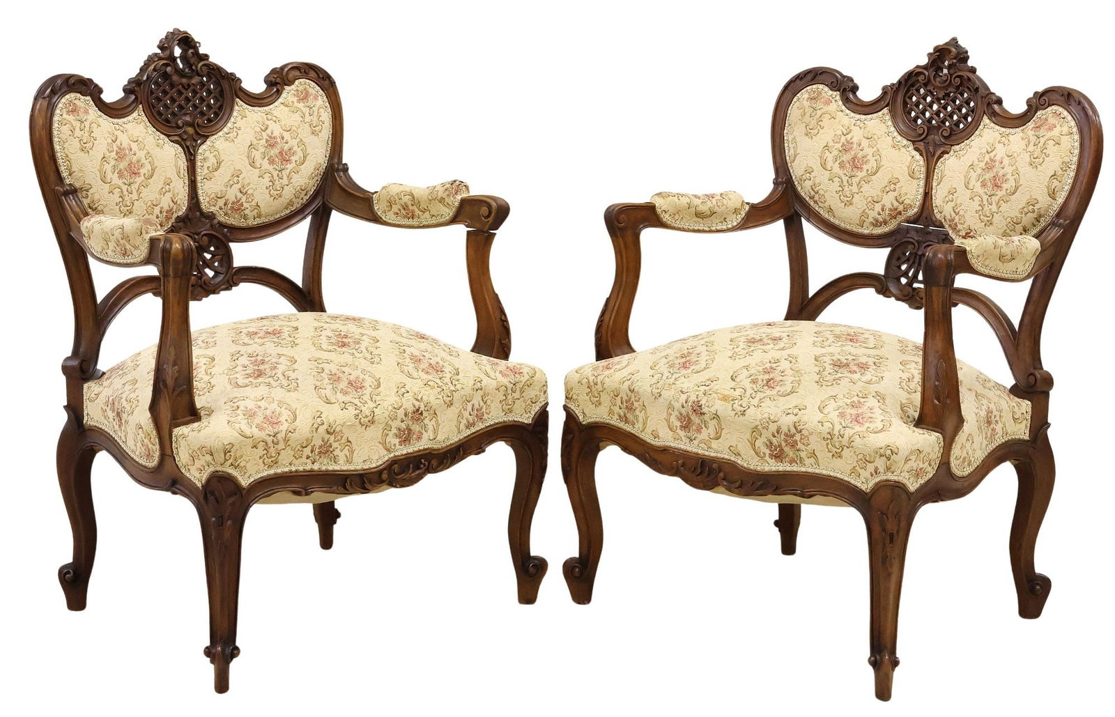 (2) FRENCH LOUIS XV STYLE CARVED WALNUT ARMCHAIRS (1 of 3)