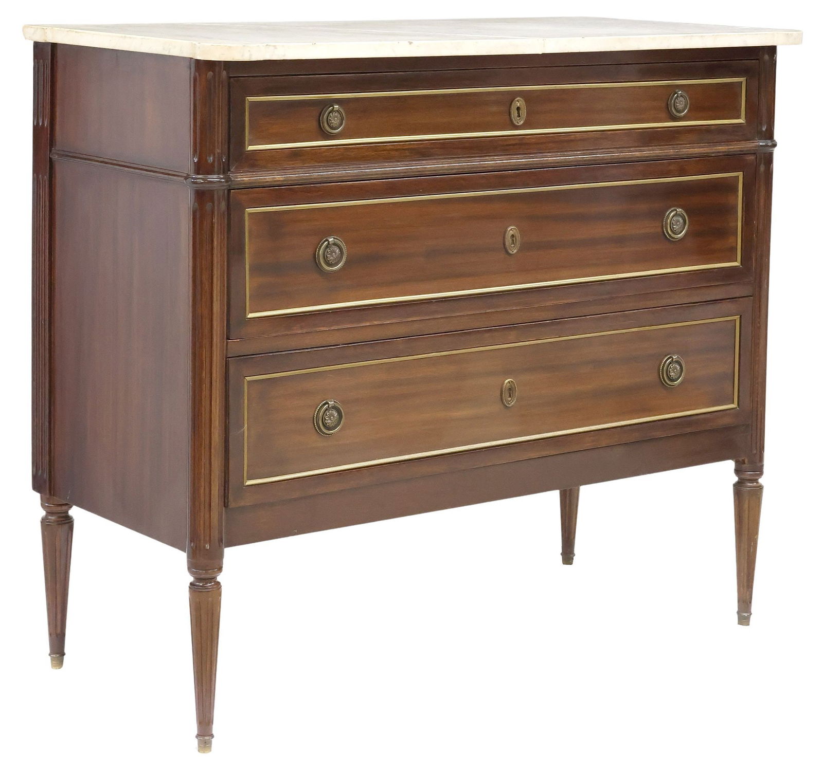 FRENCH LOUIS XVI STYLE MARBLE-TOP MAHOGANY COMMODE: French Louis XVI style mahogany commode, early 20th c., having shaped marble top, conforming case fitted with three drawers, flanked by fluted corner posts, rising on fluted tapered legs, ending