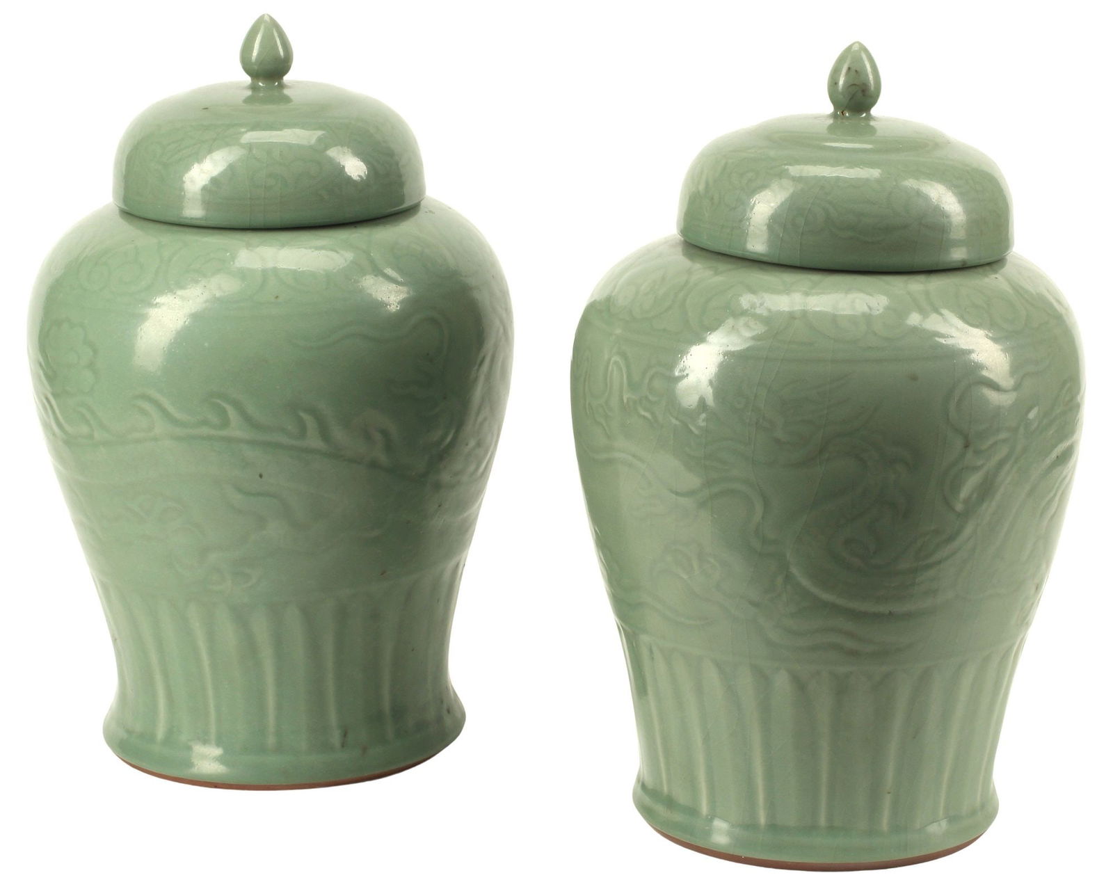 (2) CHINESE CELADON-GLAZED DRAGON MOTIF VASES & COVERS (1 of 5)