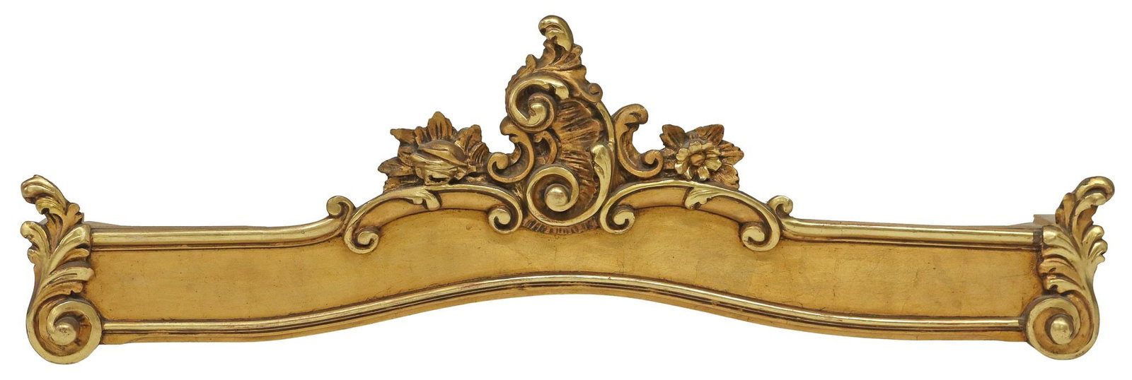 LOUIS XV STYLE GILTWOOD SCROLLED WINDOW PELMET VALENCE: Louis XV style giltwood window pelmet/ valence, late 19th c., having scrolled foliate crest and corners, on arched frame, approx 14.5"h, 44"l, 6"d