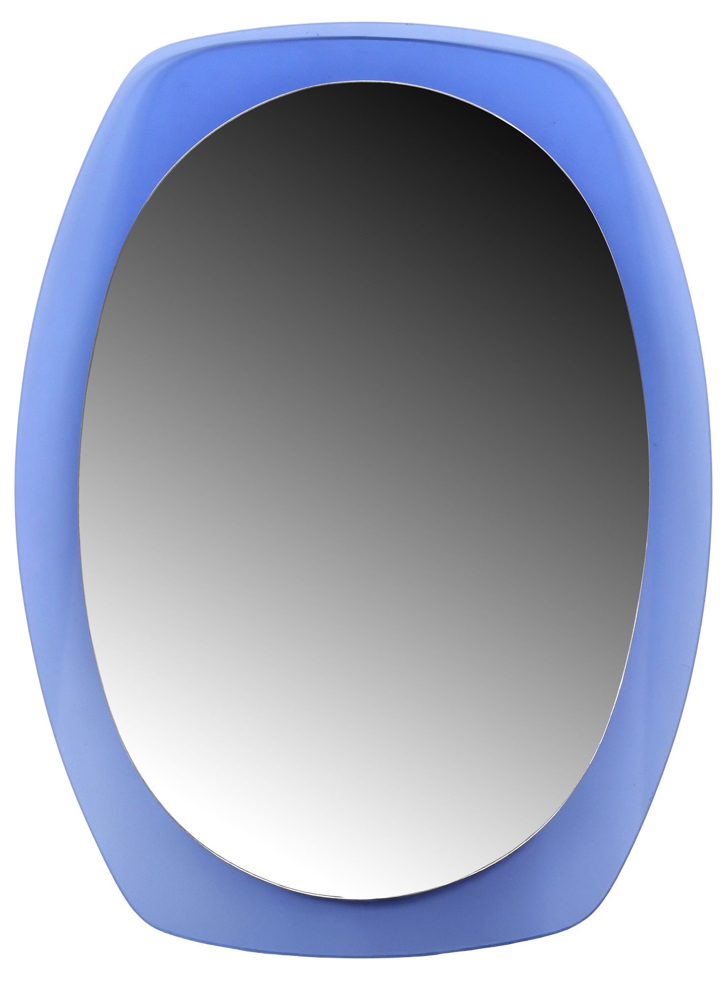 ITALIAN VECA MID-CENTURY MODERN BLUE-COLORED GLASS MIRROR: Italian mid-century modern wall mirror, Veca, c. 1960s, blue-colored glass frame, mounted with ovular flat mirror plate, retaining maker tag at reverse, approx 31.75"h, 23.5"w