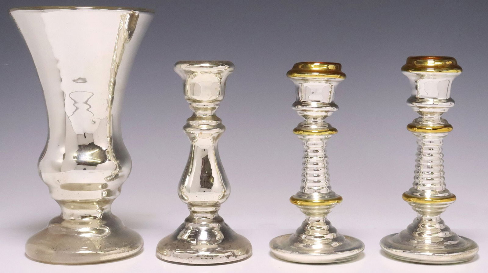 (4) MERCURY GLASS CANDLE HOLDERS & VASE (1 of 3)