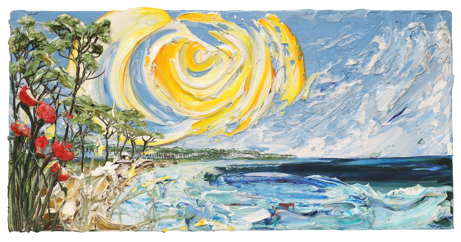 JUSTIN GAFFREY (B.1970) HEAVY ACRYLIC IMPASTO PAINTING SEASCAPE 30" X 60" (1 of 3)