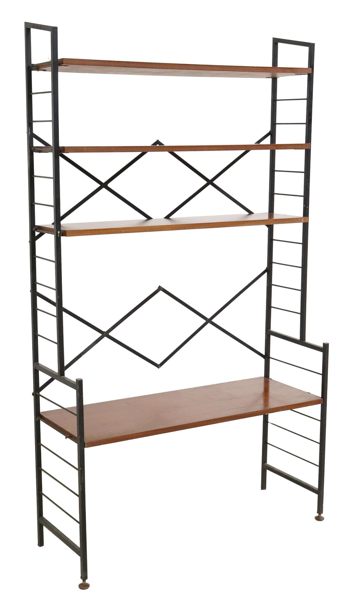 ITALIAN MID-CENTURY MODERN TEAK & STEEL BOOKCASE: Italian mid-century modern teak bookcase, c.1960s, having three top shelves, over lower protruding shelf, rising on laddered black steel supports, ending on brass-capped feet, approx 58"h, 33"w, 12"d