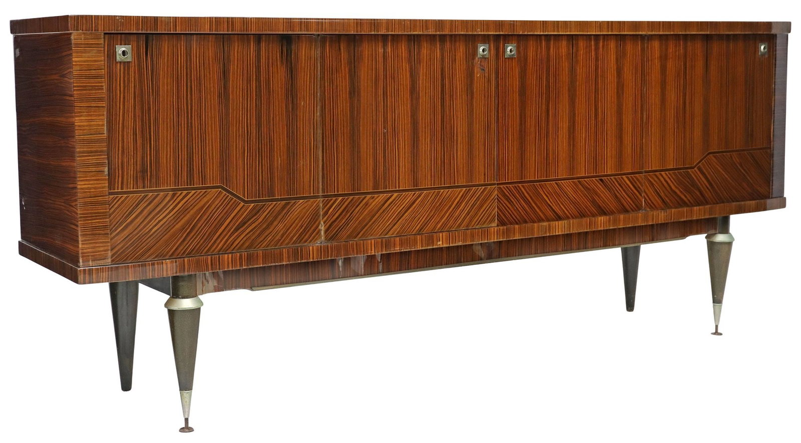FRENCH MID-CENTURY MODERN LACQUERED SIDEBOARD: French mid-century modern lacquered sideboard, c.1960s, likely in rosewood or macassar ebony veneers, fitted with four cabinet doors, revealing shelved interior, central cabinet doors opening to 