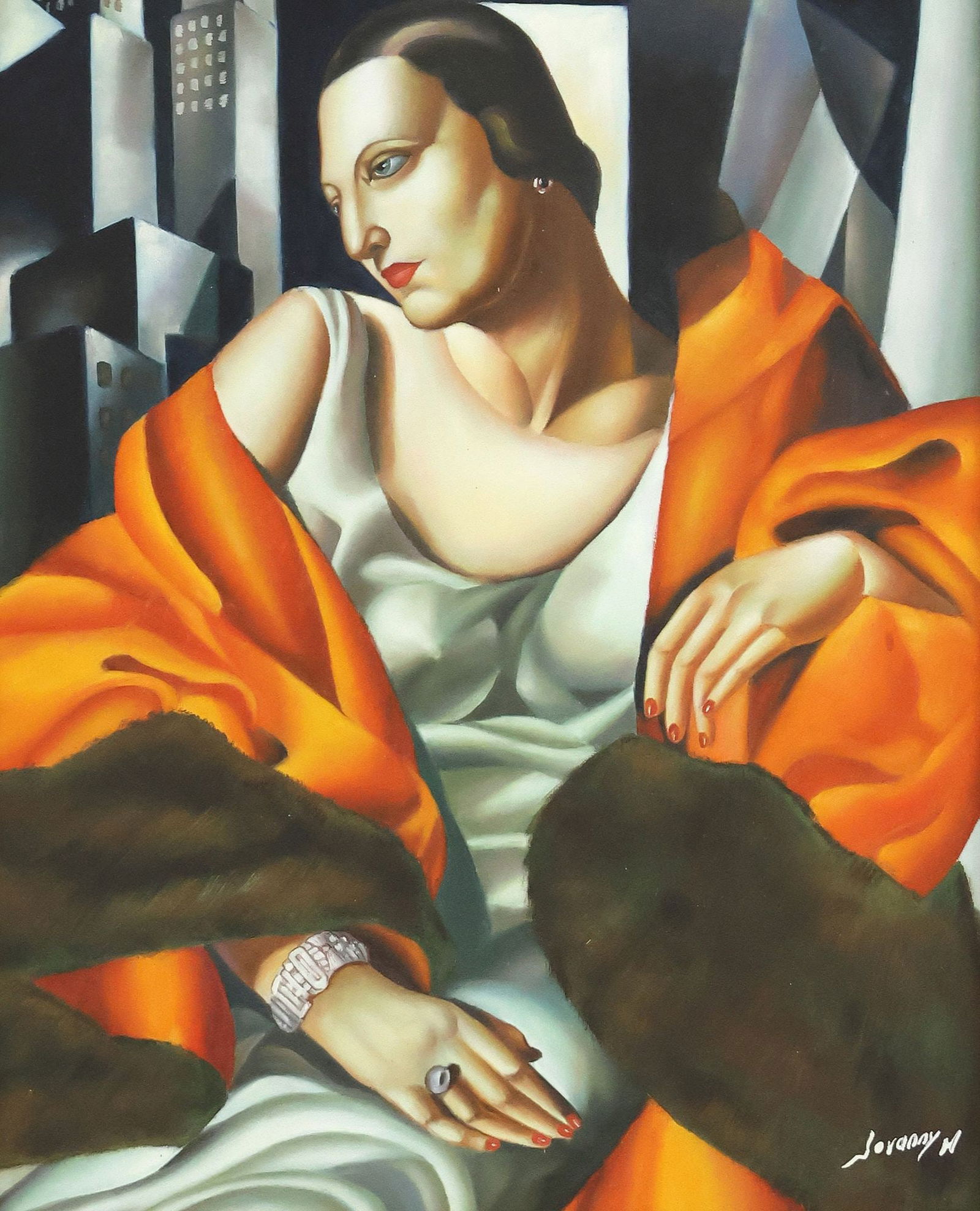 AFTER DE LEMPICKA (1898-1980) PAINTING, 'PORTRAIT DE MADAME BOUCARD': Framed acrylic on canvas mounted on board, "Portrait De Madame Boucard," signed lower right Jovanny M., after the original by Tamara de Lempicka (Poland, 1898-1980), sight: approx 22.75"h, 18.25"w, ov