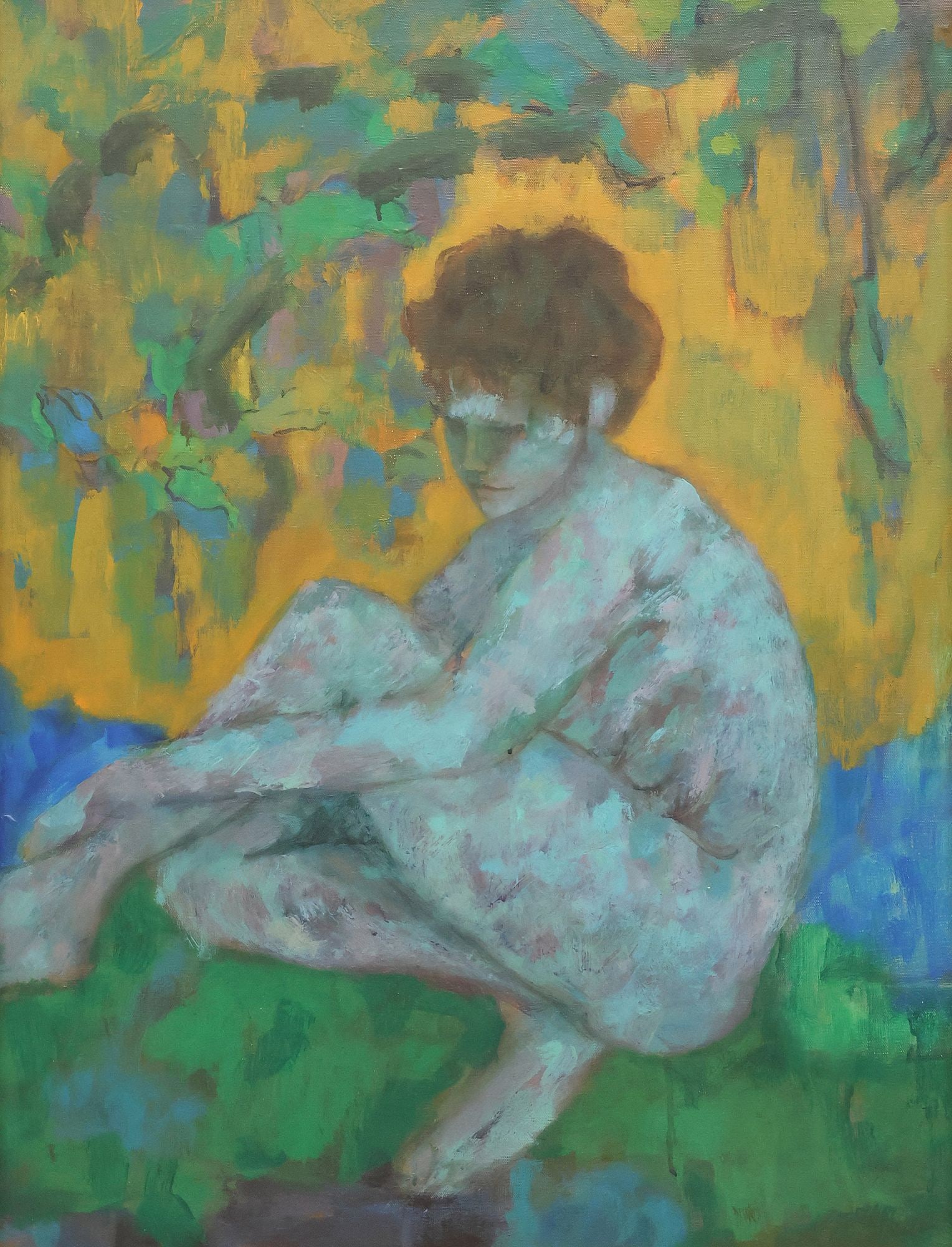 SIGNED FAUVIST-STYLE PAINTING SEATED FEMALE FIGURE: Framed mixed media painting on canvas, Seated female figure, signed illegibly verso, sight: approx 29.25"h, 22.5"w, overall: 35.5"h, 28.75"w, 10lbs