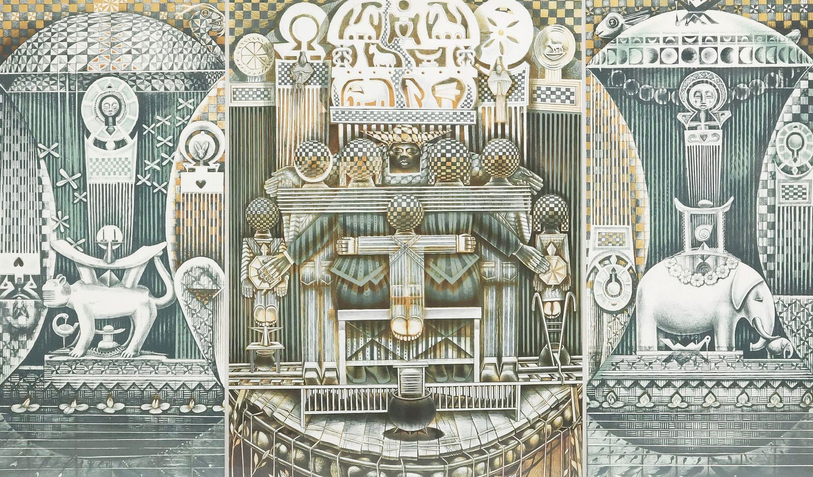 JOHN T. BIGGERS (1924-2001) LITHOGRAPH, 'FAMILY ARC TRIPTYCH,' 29.25" X 49.75" (1 of 4)