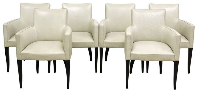 (6) JOHN HUTTON FOR HOLLY HUNT LEATHER DINING ARMCHAIRS: (lot of 6) Contemporary dining chairs, John Hutton for Holly Hunt, 21st c., off-white pebbled leather upholstery, with tonal piping, on tapering wood legs in an ebonized finish, approx 35"h, 24.5"w, 2
