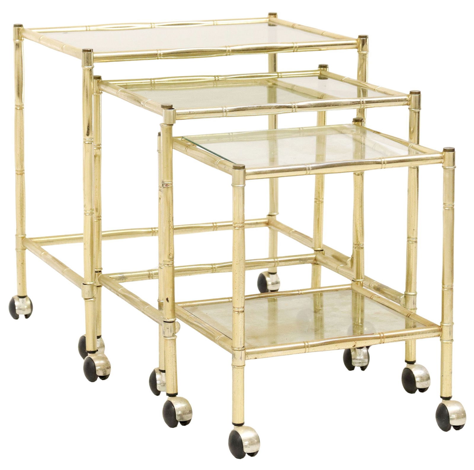 (3) GILT METAL & GLASS BAMBOO-FORM NESTING TABLES ON CASTORS (1 of 5)