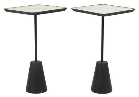 (2) TOM DIXON (B.1959) 'SPOT' ENAMELED SIDE TABLES: (pair) "Spot" side tables, designed by Tom Dixon (British, b.1959), having square white enameled steel top, over pole support, rising on weighted base, some overall surface wear, approx 21&q