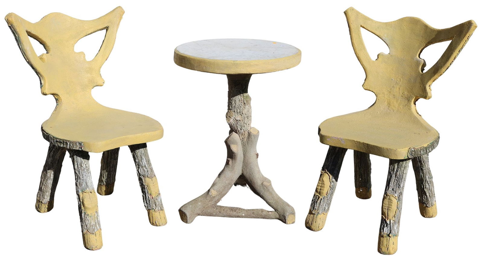 (5) FRENCH PAINTED CAST CONCRETE FAUX BOIS PATIO SET: (lot of 3) French cast concrete faux bois patio garden set, with painted accents, including: (1) table, round inset marble top, approx 30"h, 22"diam; (2) wide-backed chairs, approx 36.5