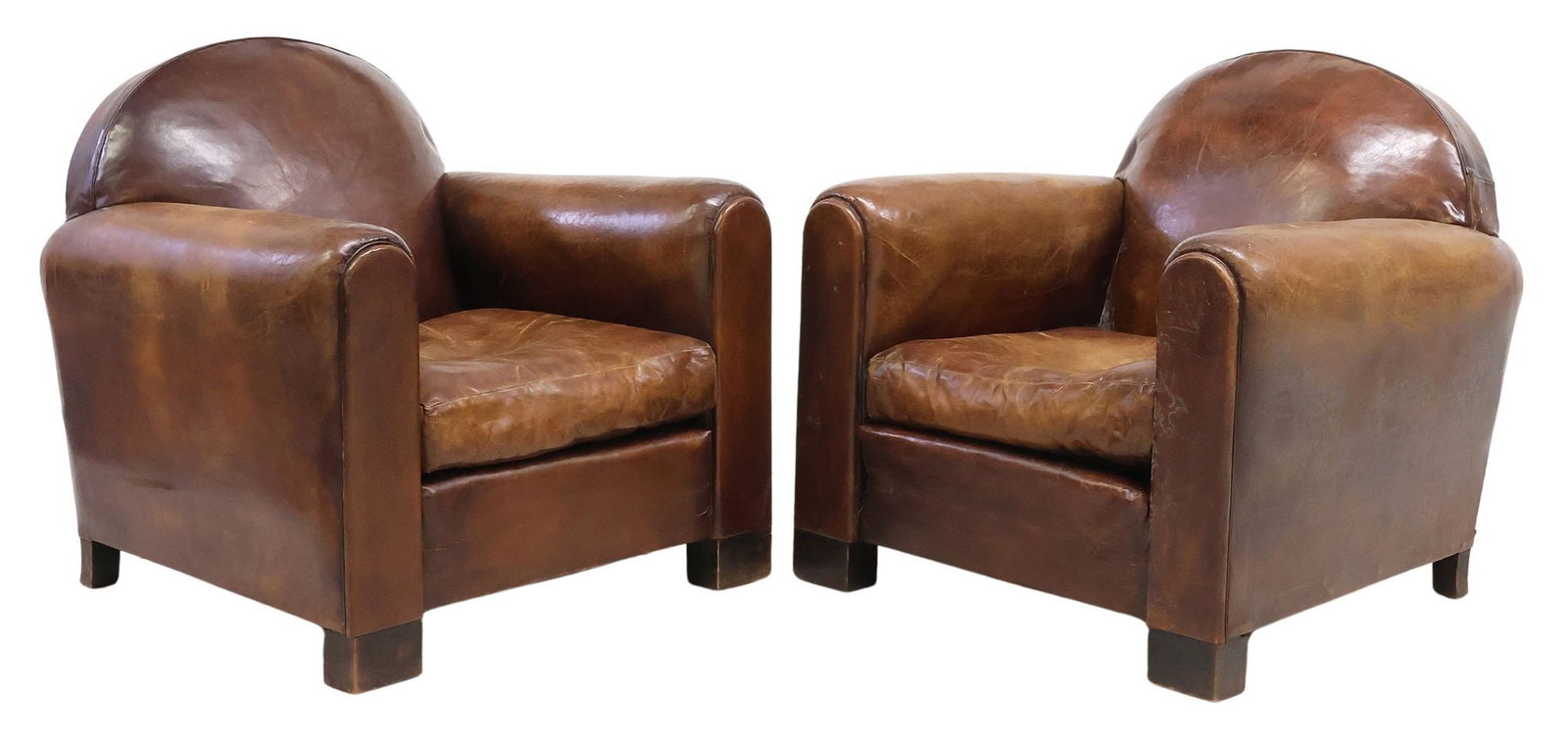 (2) FRENCH ART DECO PERIOD PATINATED LEATHER CLUB CHAIRS (1 of 3)