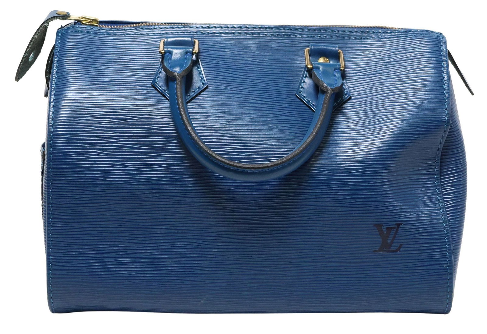 LOUIS VUITTON "SPEEDY 25" BLUE EPI LEATHER HANDBAG: Louis Vuitton "Speedy 25" handbag, in blue Epi leather, with gold-tone metal hardware, dual rolled handles, single exterior slip pocket at side, top zip closure opening to unlined inter