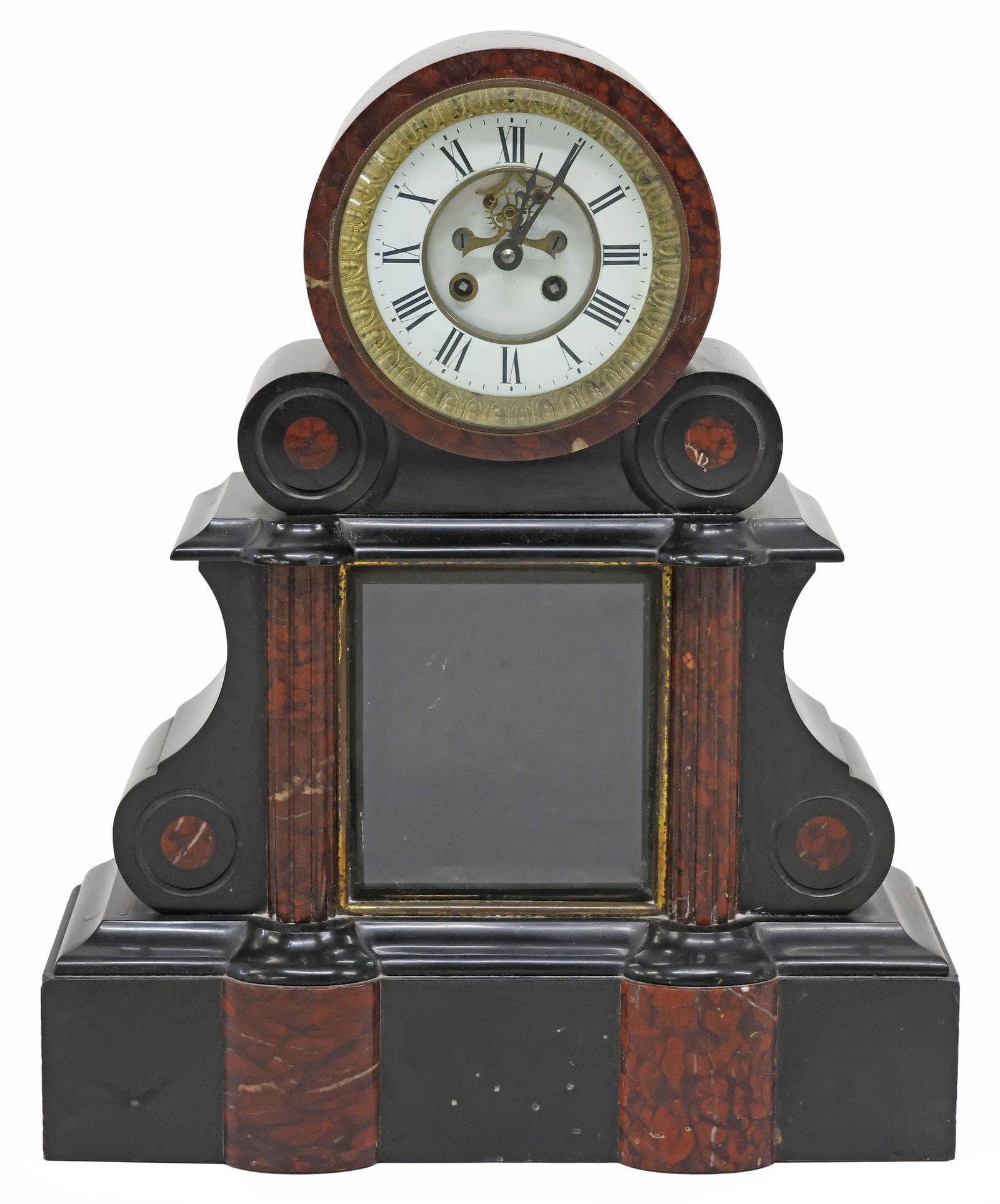 FRENCH NAPOLEON III SLATE & RED MARBLE OPEN ESCAPEMENT MANTEL CLOCK (1 of 7)