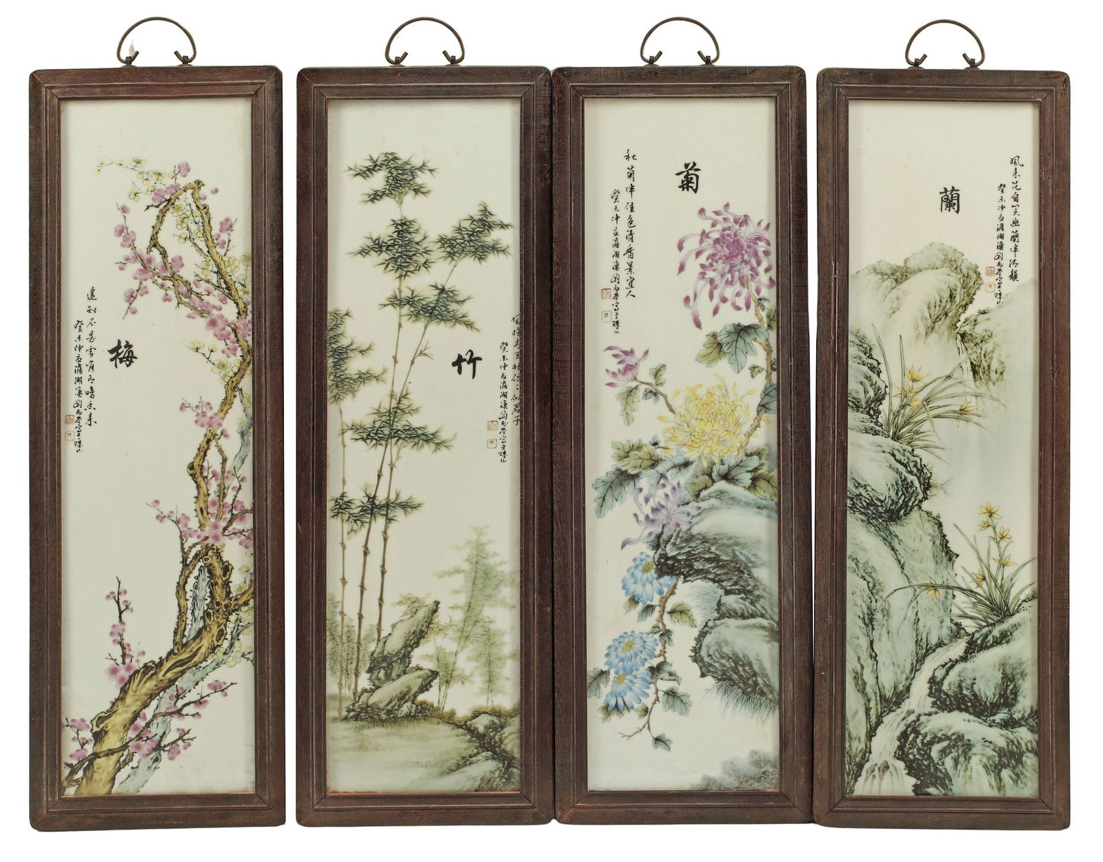(4) FRAMED CHINESE PAINTED PORCELAIN WALL-HANGING PLAQUES (1 of 4)