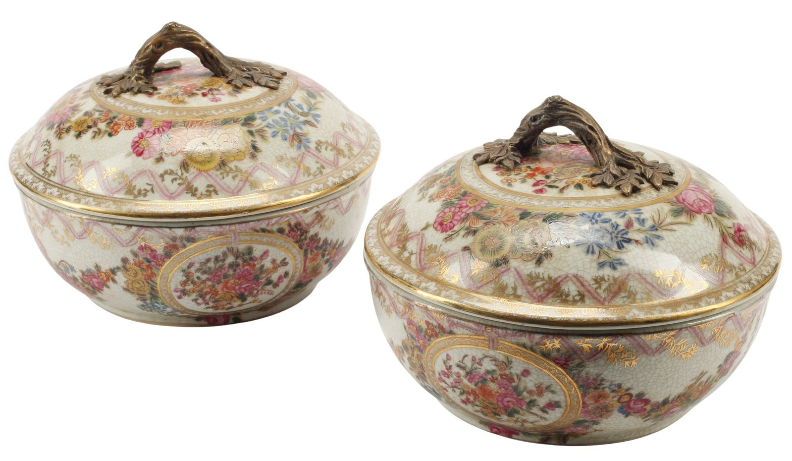 (2) CHINESE PORCELAIN BRONZE MOUNTED COVERED POTS: (pair) Chinese porcelain pots with covers, United Wilson Porcelain Factory (Hong Kong), with applied patinated bronze twig -form handles, marked underfoot, approx 7 1/8"h, 9.5"diam, 12.