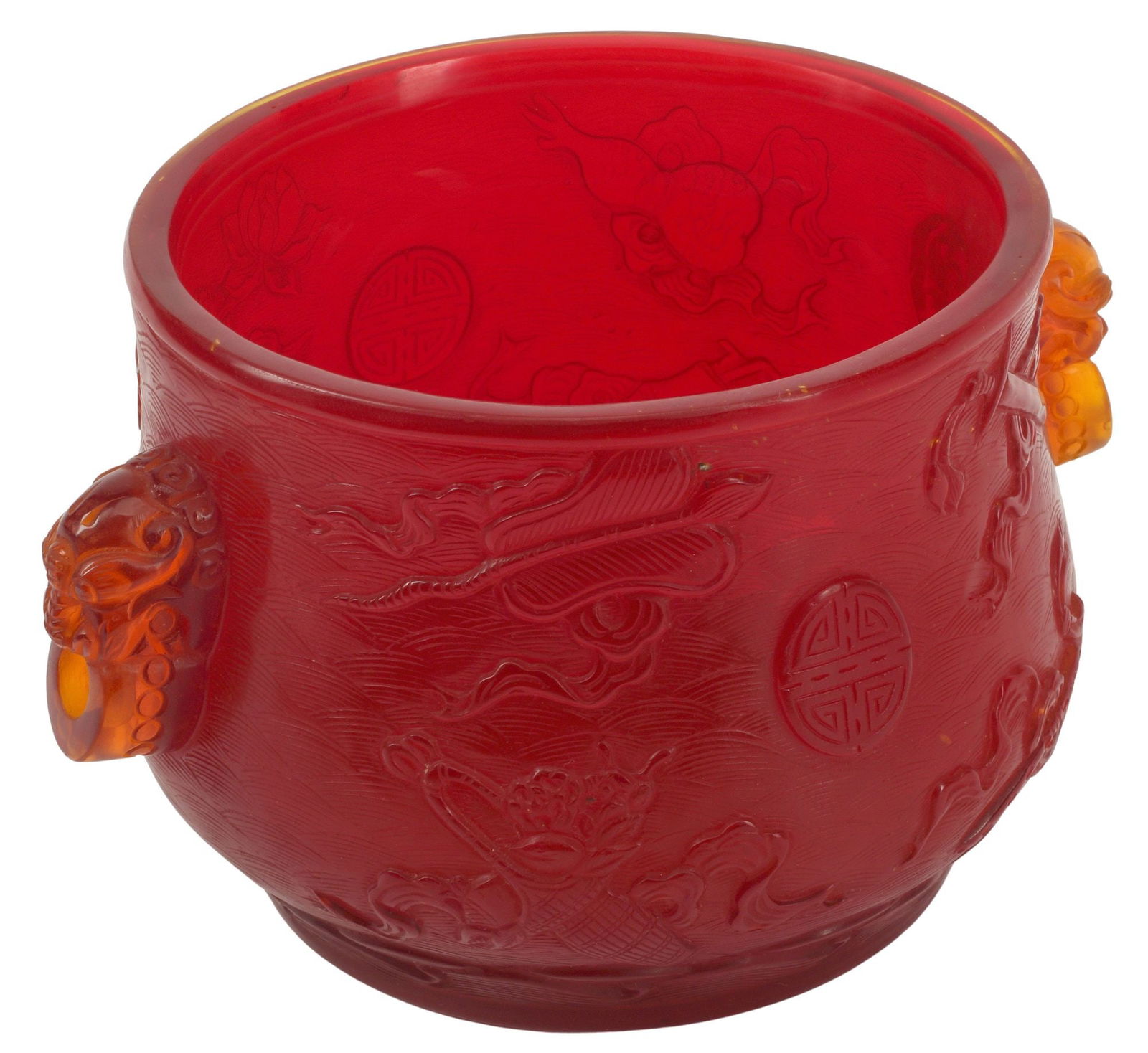 CHINESE RED PEKING GLASS JARDINIERE / BRUSH POT (1 of 4)