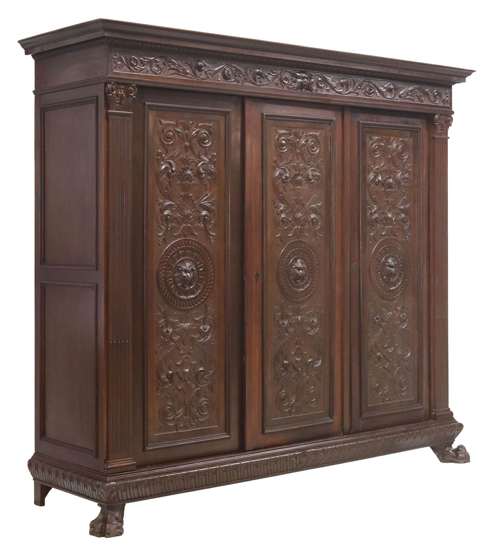 ITALIAN RENAISSANCE REVIVAL CARVED WALNUT THREE-DOOR WARDROBE (1 of 7)