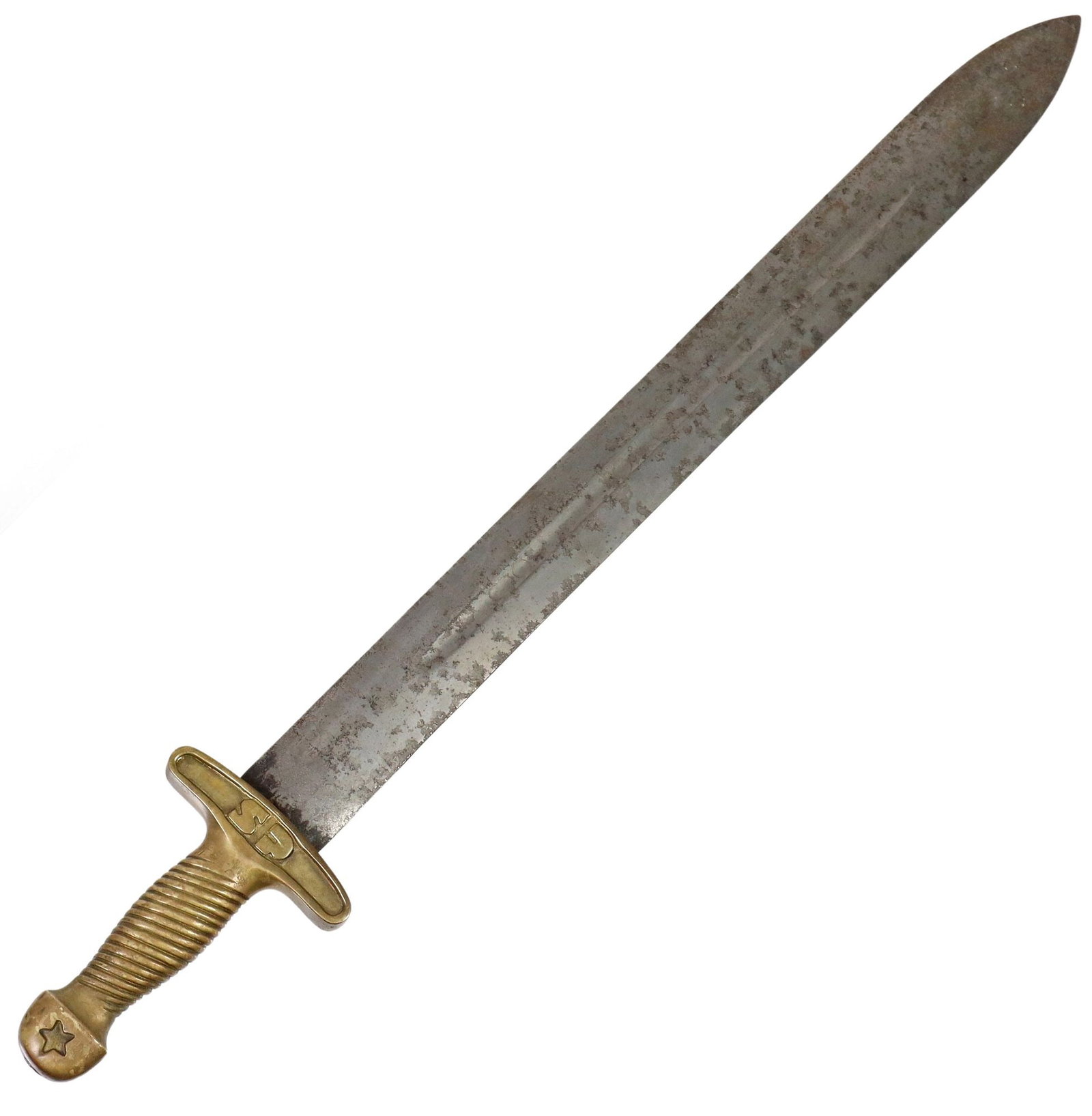CONFEDERATE CIVIL WAR CS STAR SHORT SWORD: Confederate short sword having a 19" spear point blade with centered fuller on both sides, the heavy brass guard marked "CS" at both sides, a spiraled brass handle, the pommel with