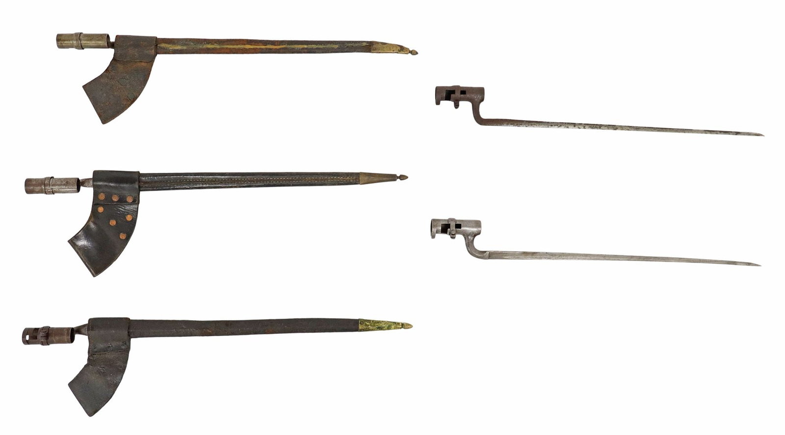 (5) U.S. SOCKET BAYONETS & ONE BRITISH: (lot of 5) Socket Bayonets; (4) appearing generally as U.S. M1873, three with readable "U.S." on the blade shoulders (one is difficult to read), three with leather brass tipped scabbard