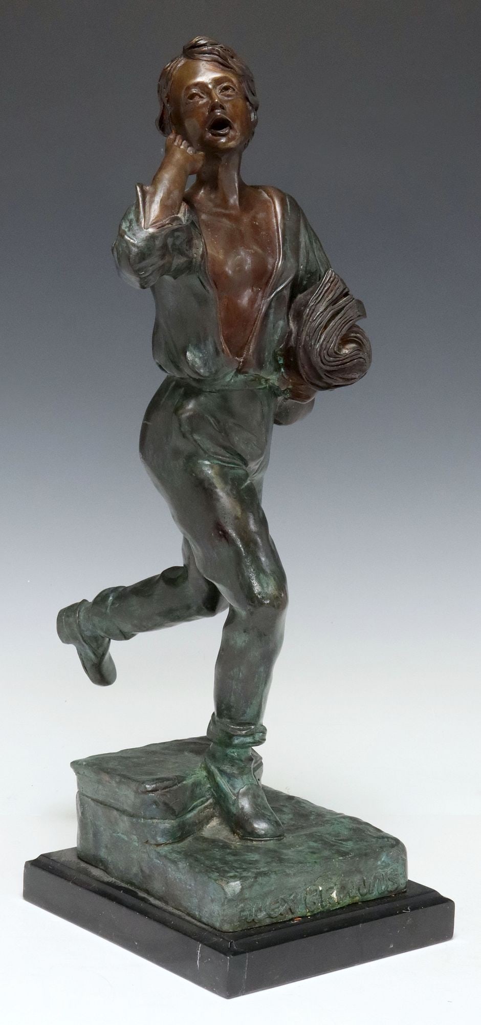 PATINATED BRONZE SCULPTURE NEWSPAPER SELLER: Patinated bronze sculpture, Newspaper Seller, inscribed in the cast Alex Browns, on a black stone base, repair to one corner of base, overall: approx 18.25"h, 6.5"w, 9.75"d, 12lbs
