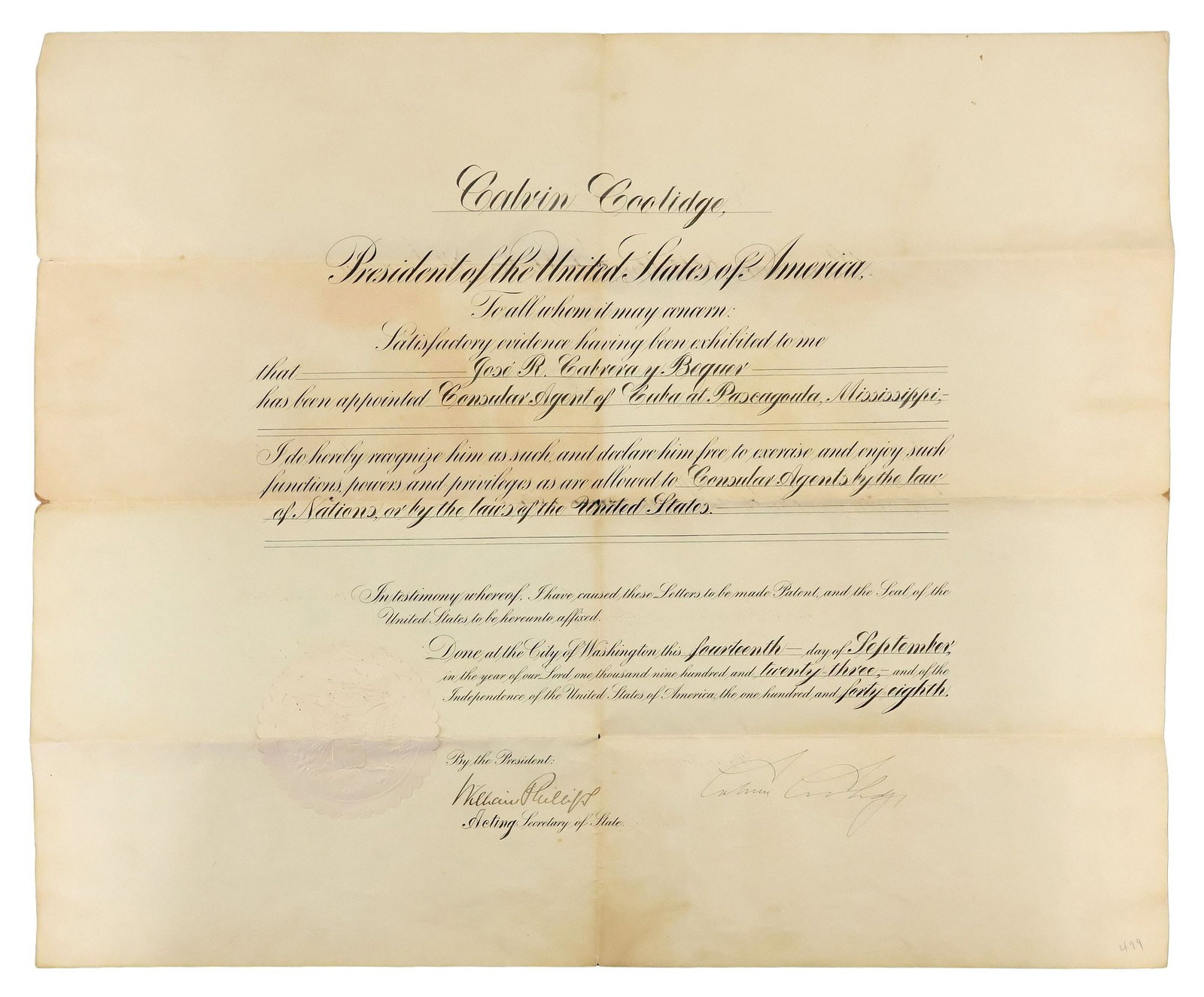 PRESIDENT CALVIN COOLIDGE CONSULAR APPOINTMENT 1923: Presidential Appointment of Jose R. Cabrera y Bequer as Consular Agent of Cuba at Pascagoula, Mississippi dated September 14, 1923 and having a signature, Calvin Coolidge (30th President of the United
