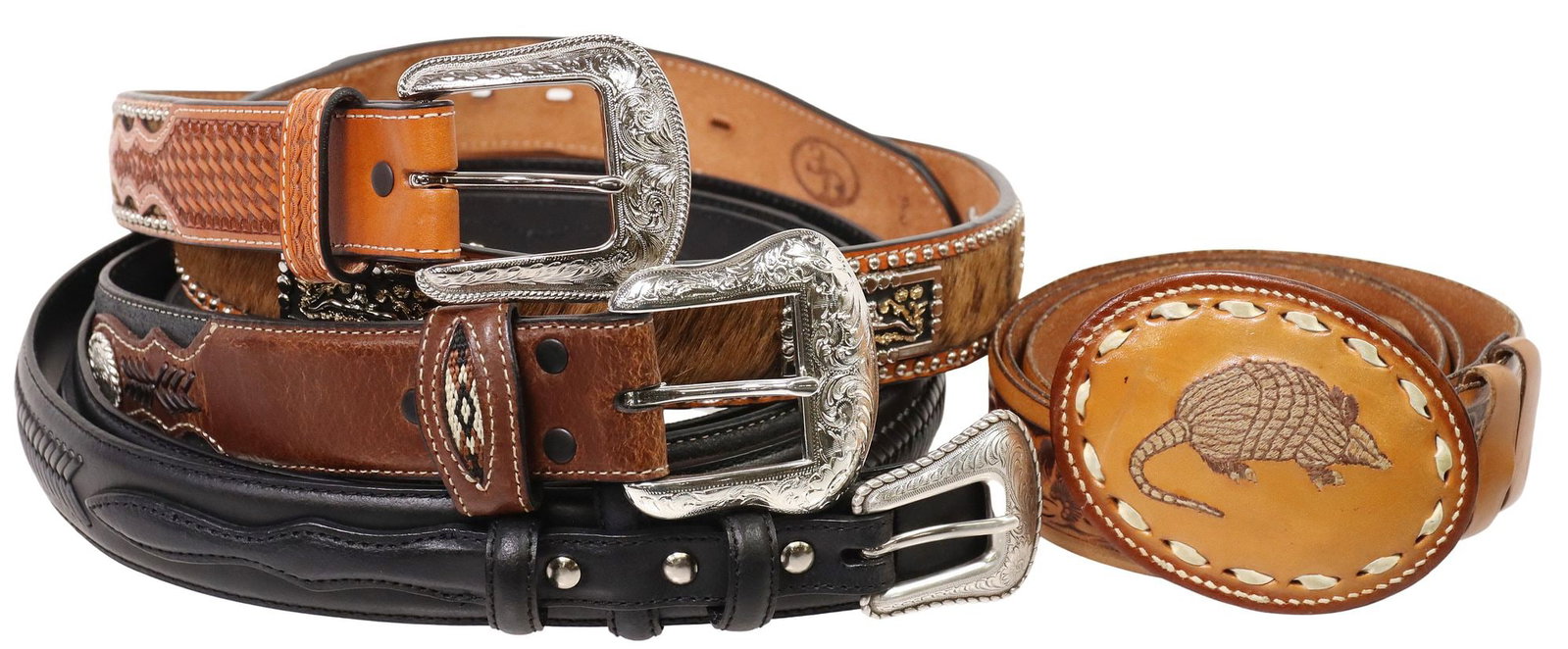(4) MEN'S WESTERN TOOLED & STITCHED COWHIDE LEATHER BELTS: (lot of 4) Men's Western leather belts, including: (1) hand-tooled brown leather belt, marked size 42, ovular stitched buckle with embroidered armadillo motif, tooled floral designs, buckled stamp