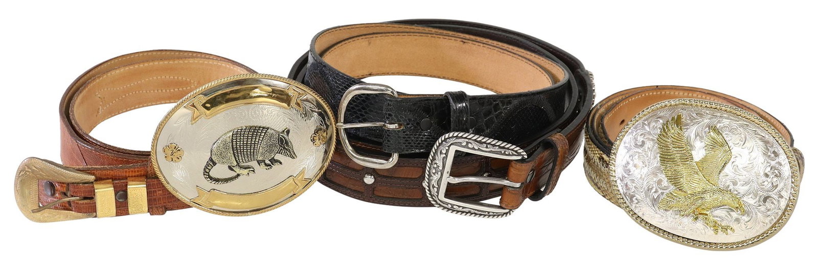 (5) MEN'S WESTERN SNAKESKIN LEATHER BELTS & TWO-TONE BELT BUCKLES: (lot of 5) Men's Western leather belts and buckle, including: (1) boa snakeskin belt, marked size 40, with stitched accents, large silver-tone and gold-tone metal buckle with raised eagle motif, a